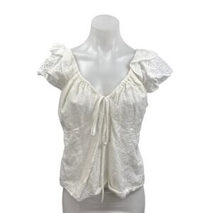 Hill House Women's White Eyelet Embroidered Short Flutter Sleeve Blouse Top XL